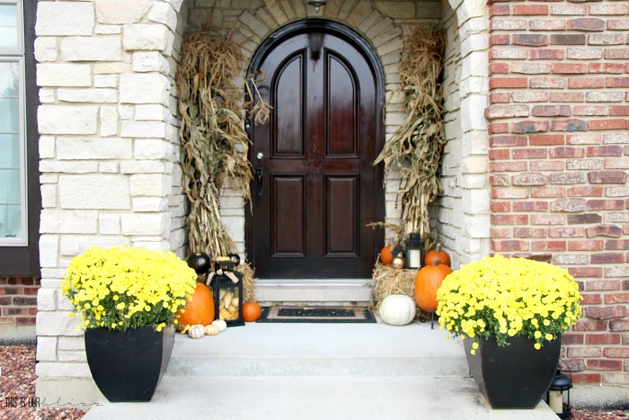 Gorgeous Front Door and Fall Front Porch - Yellow mums and pumpkins - Simple Fall decorating ideas for your front porch - This is our Bliss