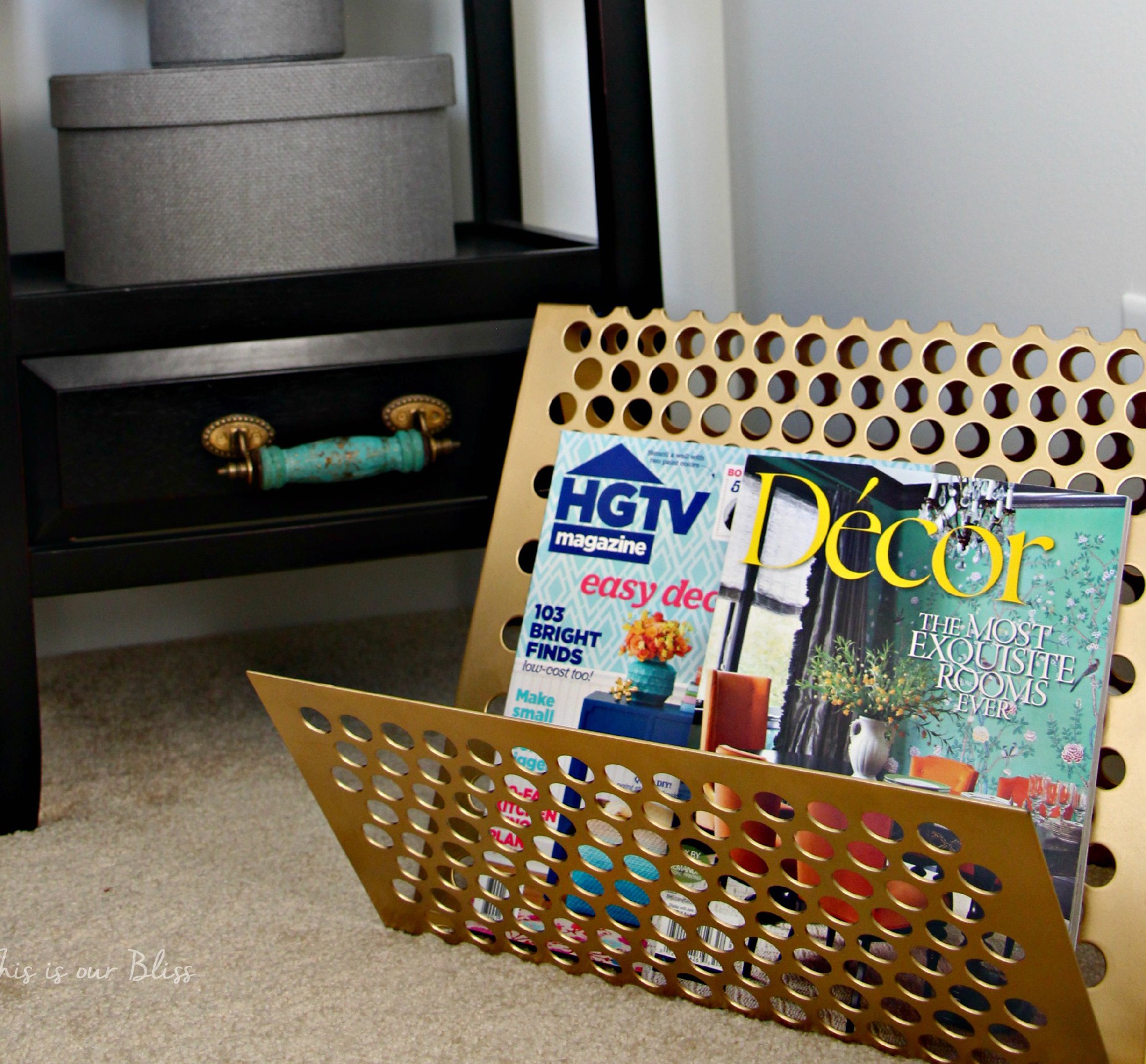 Guestroom revamp - bedside table - gold magazine rack - nightstand ...