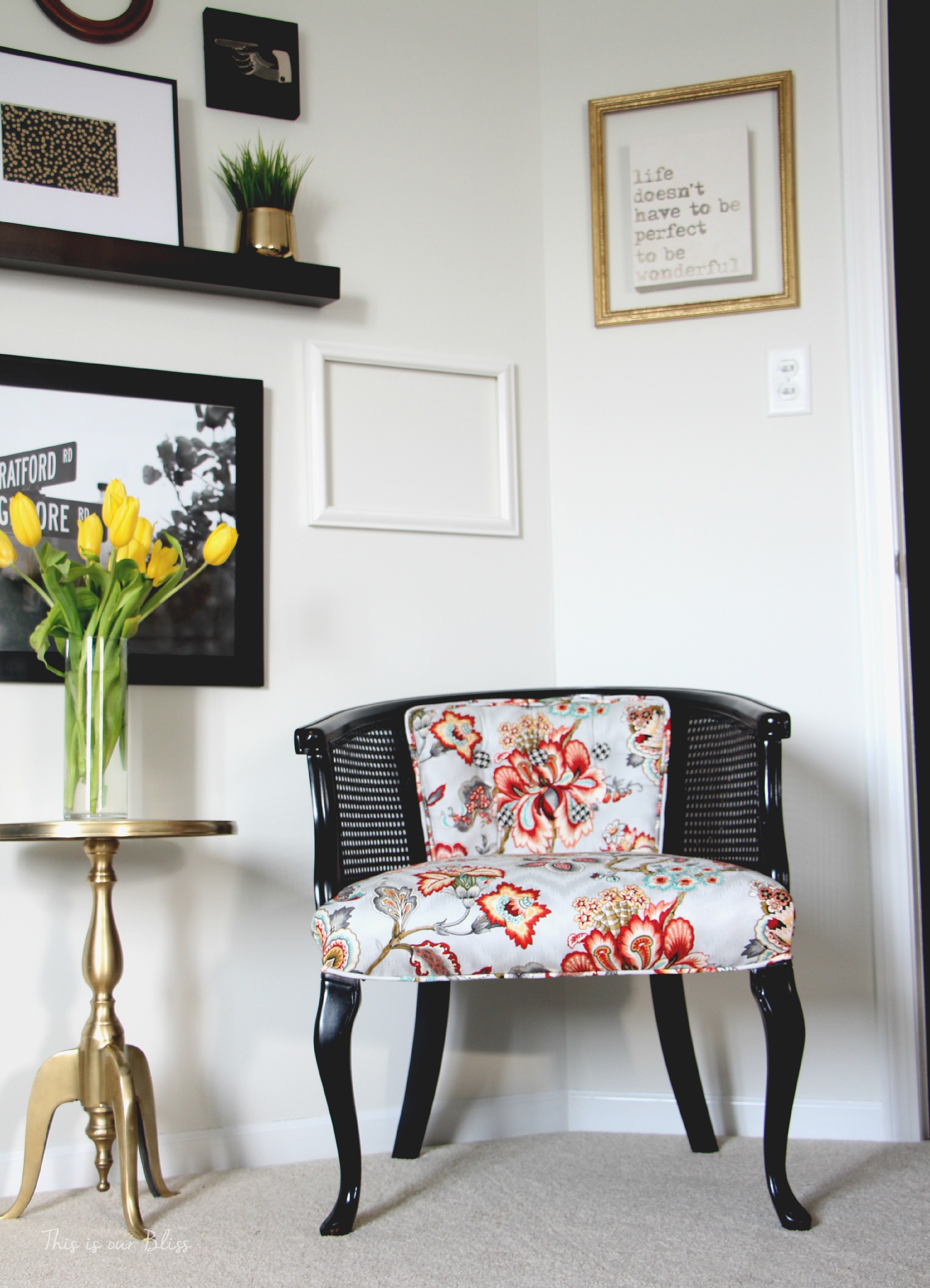 Guestroom revamp - Gallery wall - picture ledge - floating frame - DIY cane chair - Floral pattern - This is our Bliss