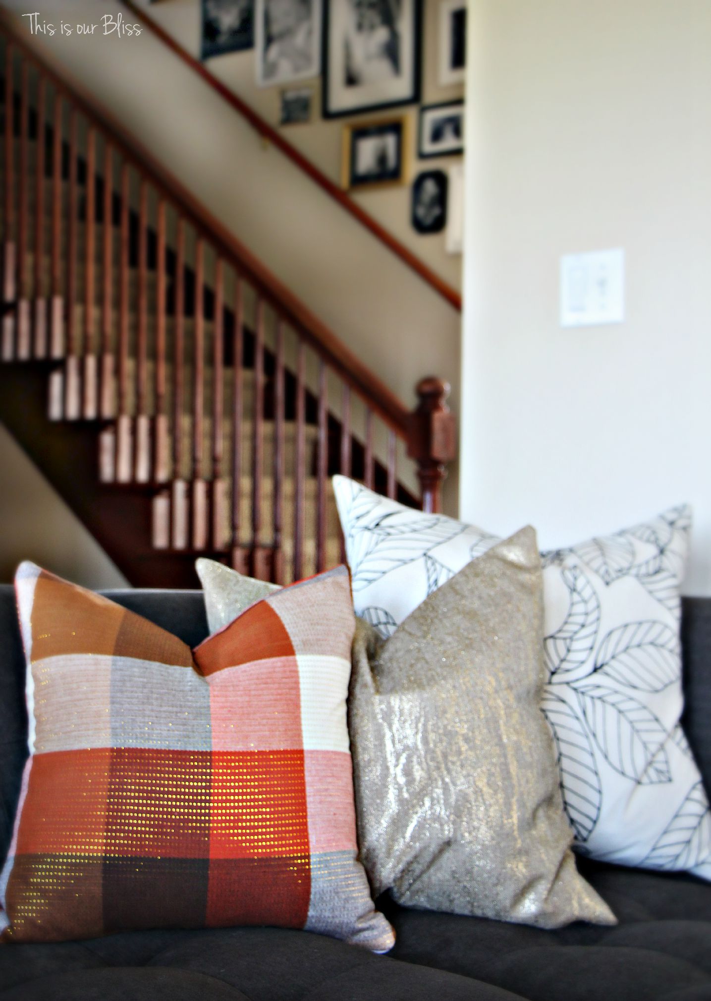 DIY fall throw pillows with cloth napkins - fall table linens Fall decorating gray couch stairway galler wall This is our Bliss