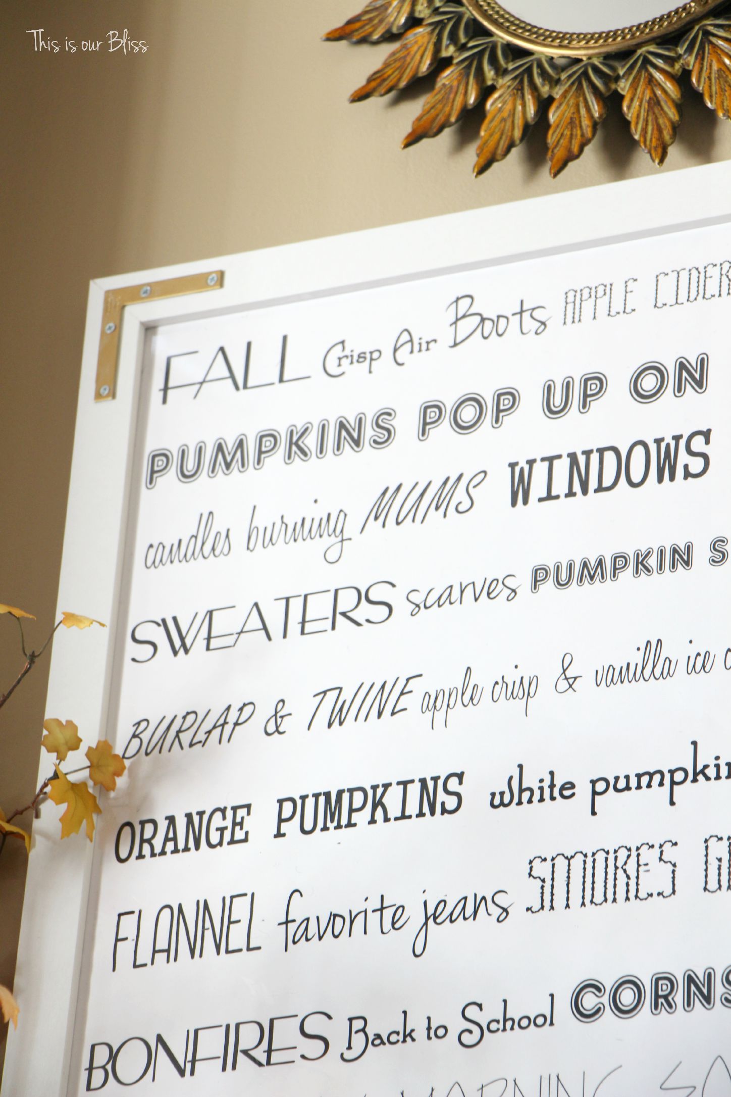 DIY oversized fall word art - flat corner braces - DIY wall decor - fall entryway - This is our Bliss