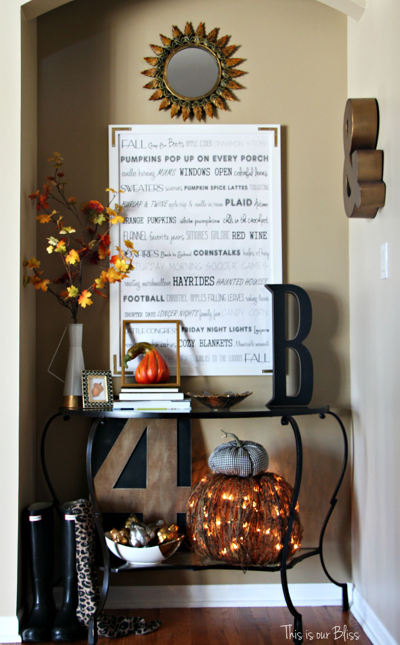 Fall entryway - fall vignette - entryway table styling - fall decor - neutral fall decor - fall word art 1 - This is our Bliss