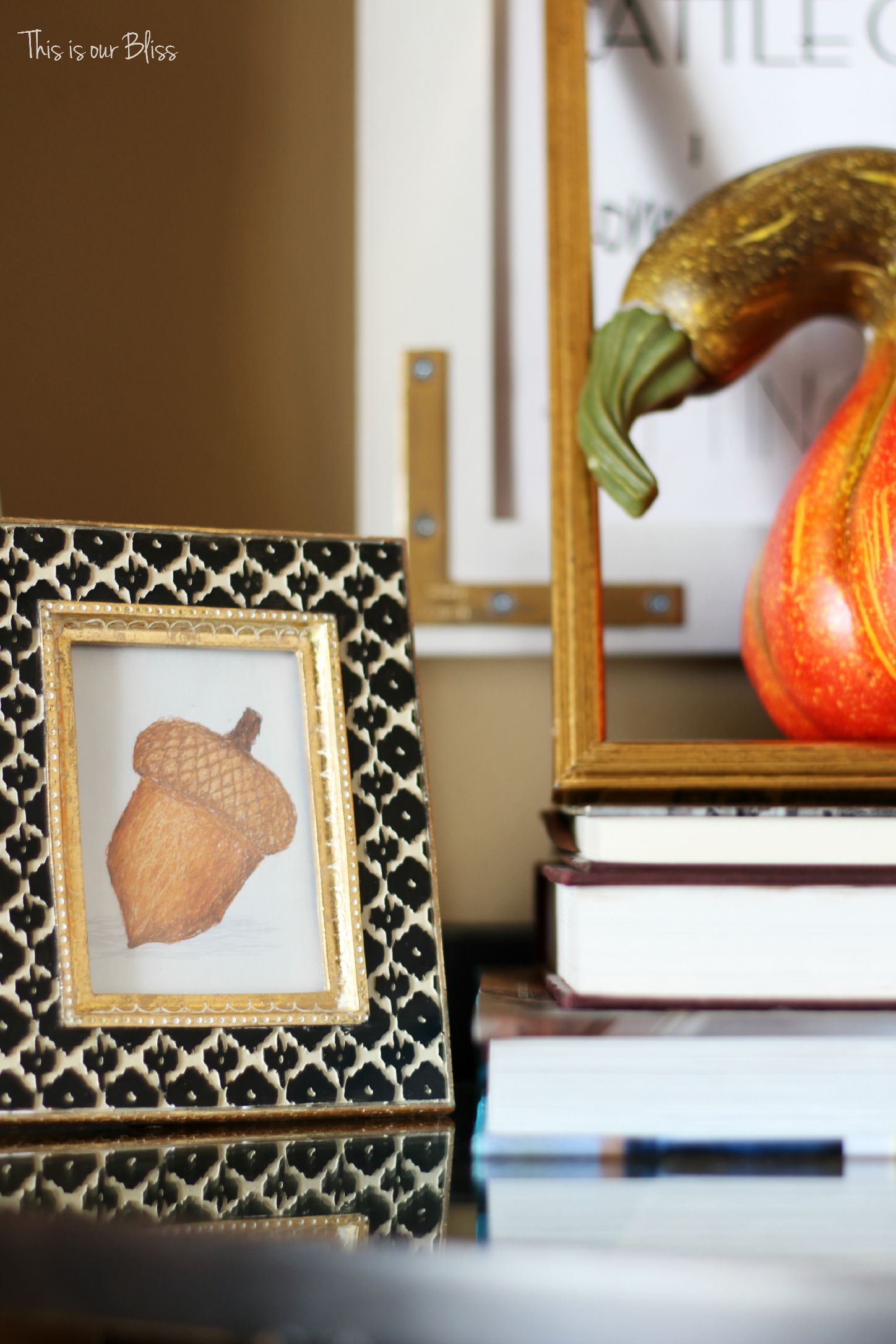 Fall entryway - fall vignette - entryway table styling - fall decor - neutral fall decor -staircase view - fall word art - mini framed acorn art - This is our Bliss