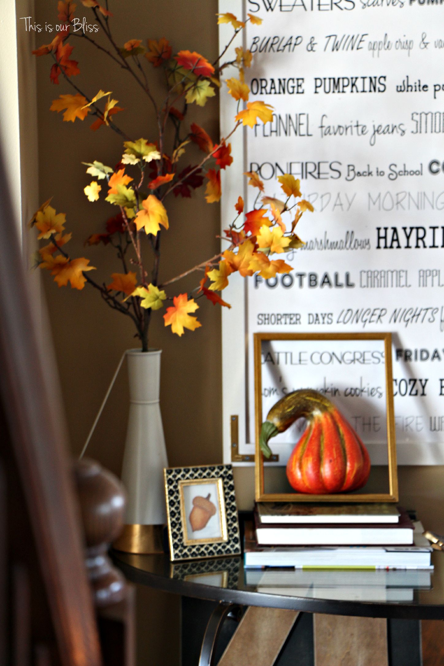 Fall entryway - fall vignette - entryway table styling - fall decor - neutral fall decor -staircase view - fall word art - This is our Bliss