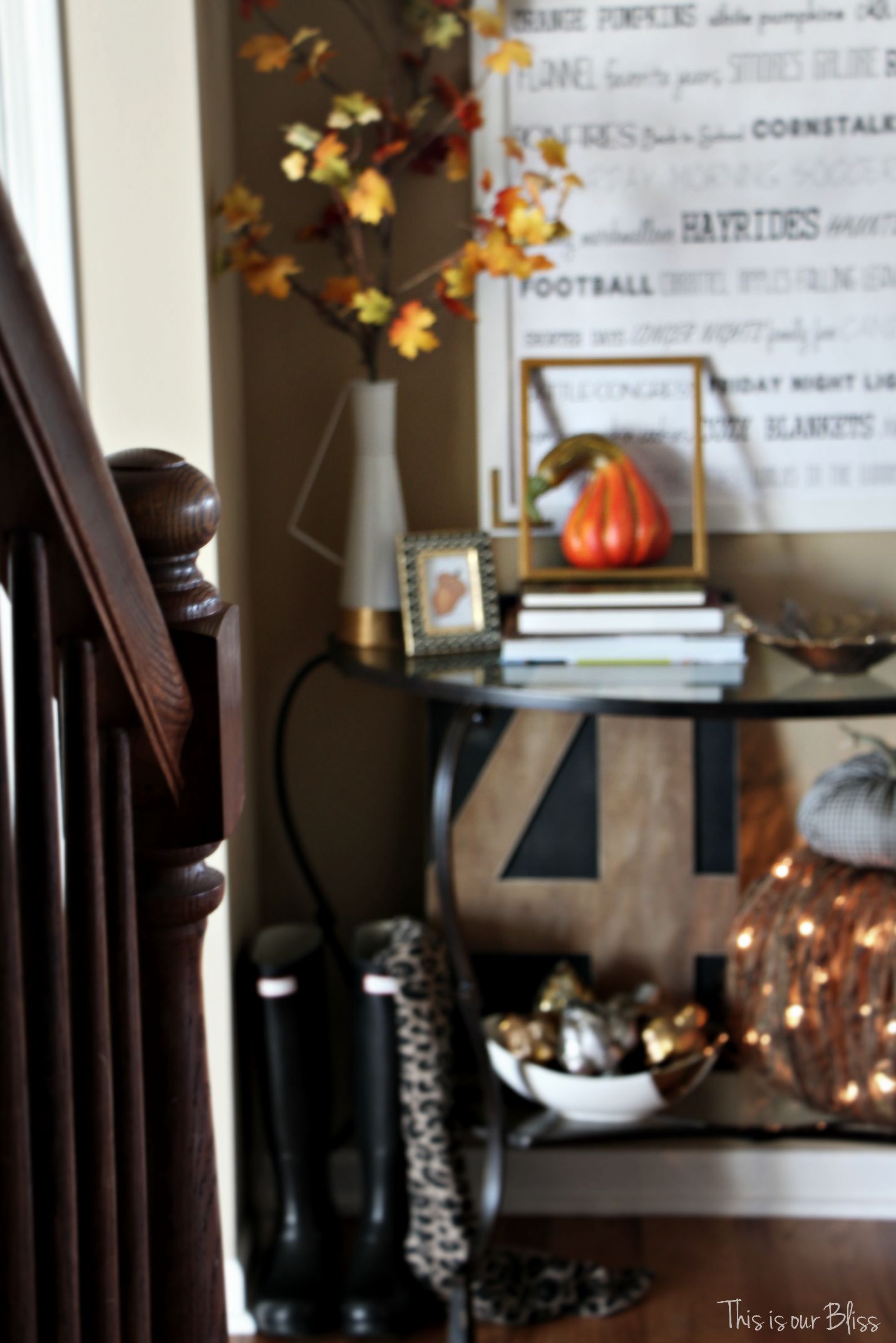 Fall entryway - fall vignette - entryway table styling - fall decor - neutral fall decor - view from the stairs - fall word art - This is our Bliss