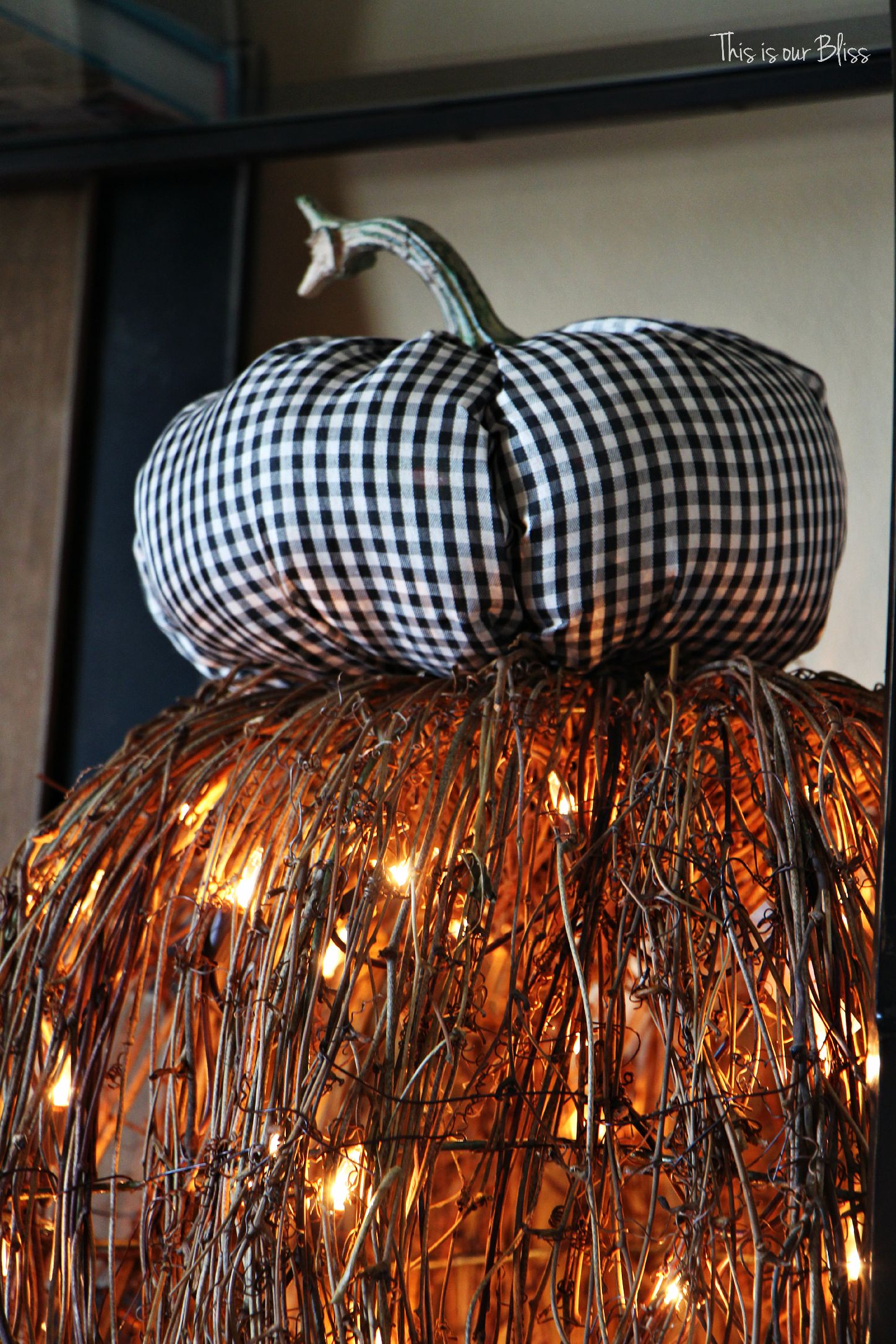 Fall entryway - fall vignette - metallic artichokes -gingham fabric pumpkin - fall decor - This is our Bliss