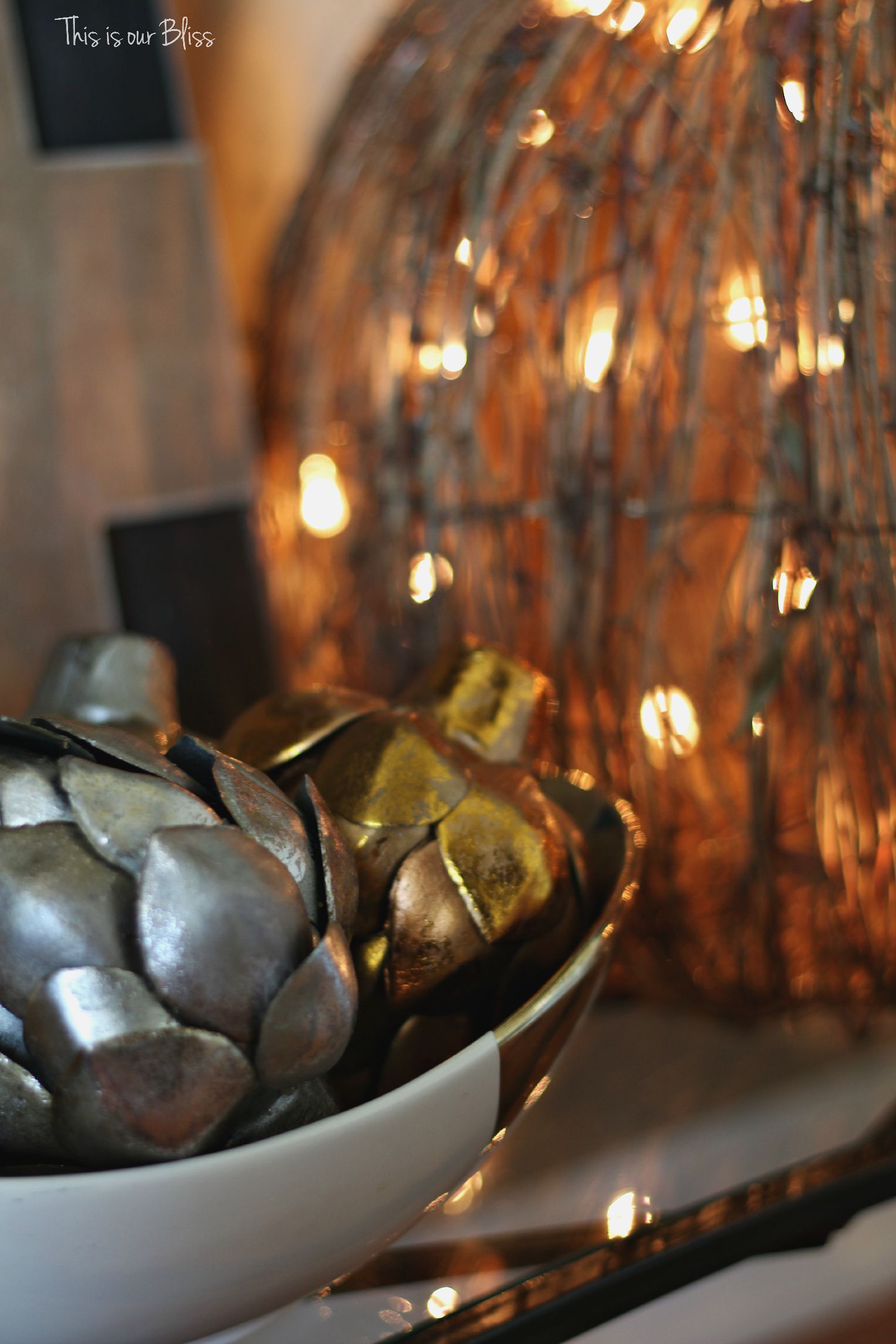 Fall entryway - fall vignette - metallic artichokes - rustic number 4 - fall decor - light-up pumpkin - This is our Bliss