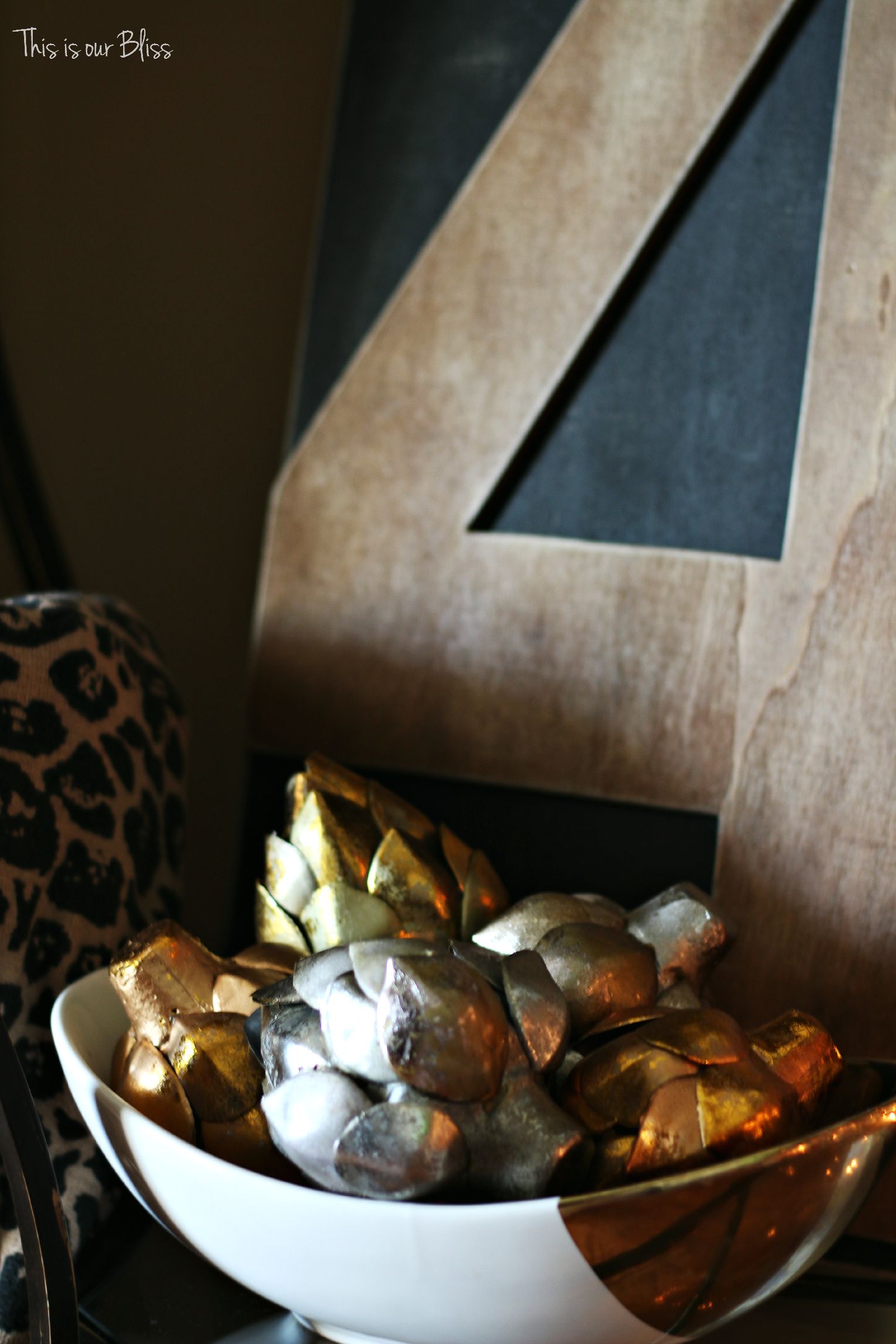 Fall entryway - fall vignette - metallic artichokes - rustic number 4 - fall decor - This is our Bliss
