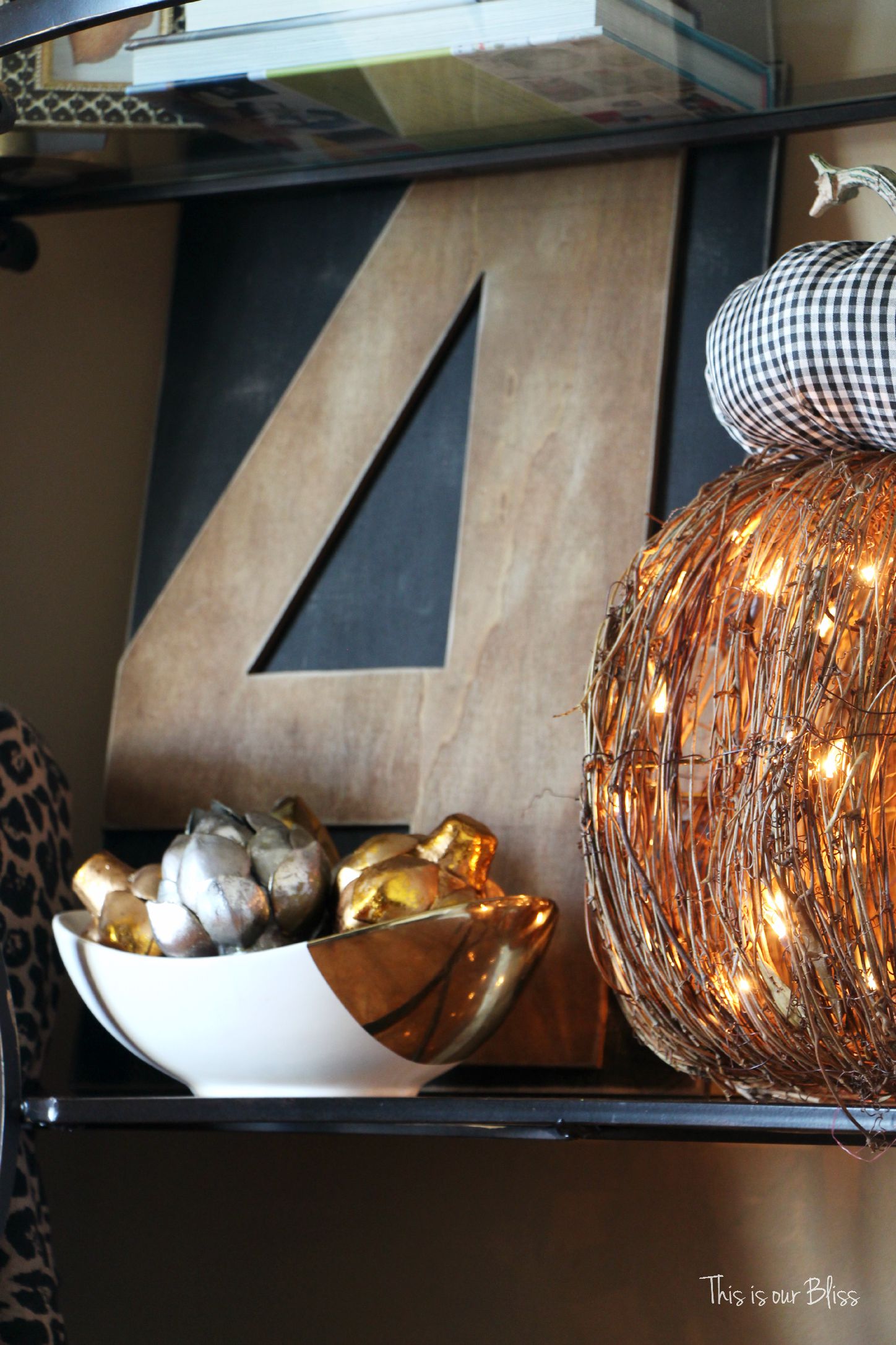 Fall entryway - fall vignette - metallic artichokes - rustic number 4 -gingham fabric pumpkin - fall decor - This is our Bliss