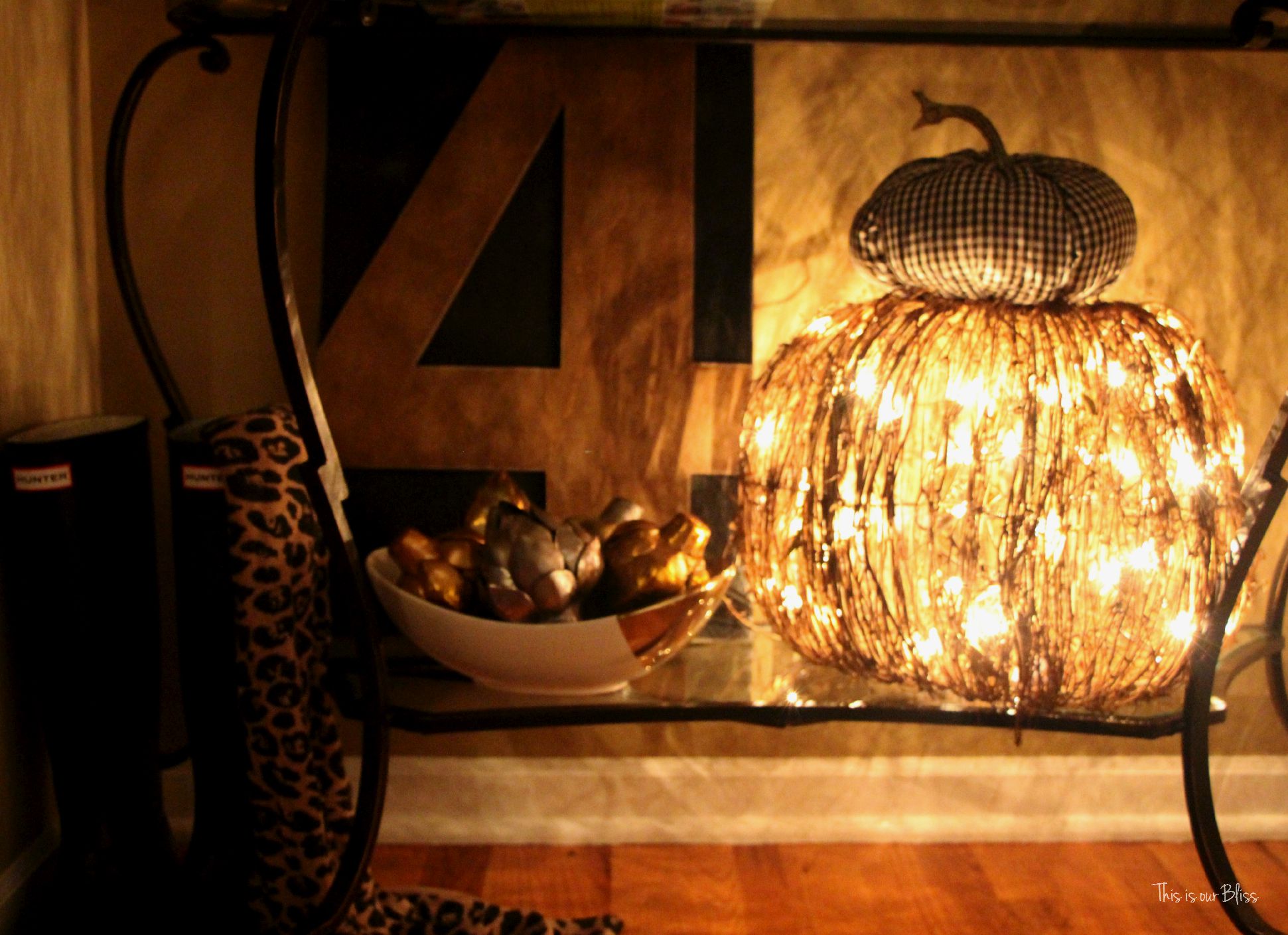 Fall entryway - fall vignette - metallic artichokes - rustic number 4 -gingham fabric pumpkin - lit up at night - fall decor - This is our Bliss