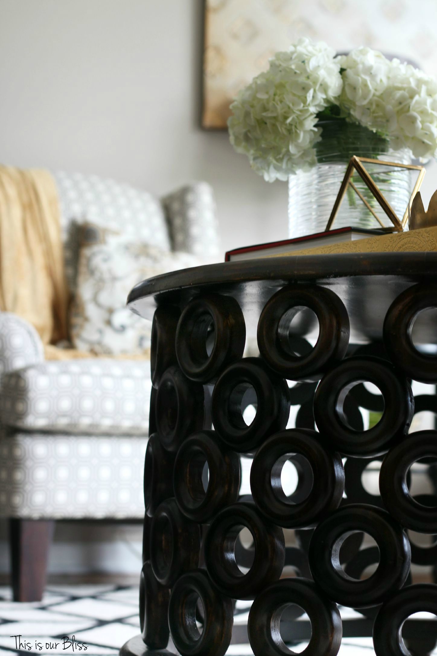 How to style a coffee table - coffee table styling - elements of a well-styled coffee table - coffee table detail - living room chairs - fresh flowers - 1 - Back to Basics - This is our Bliss