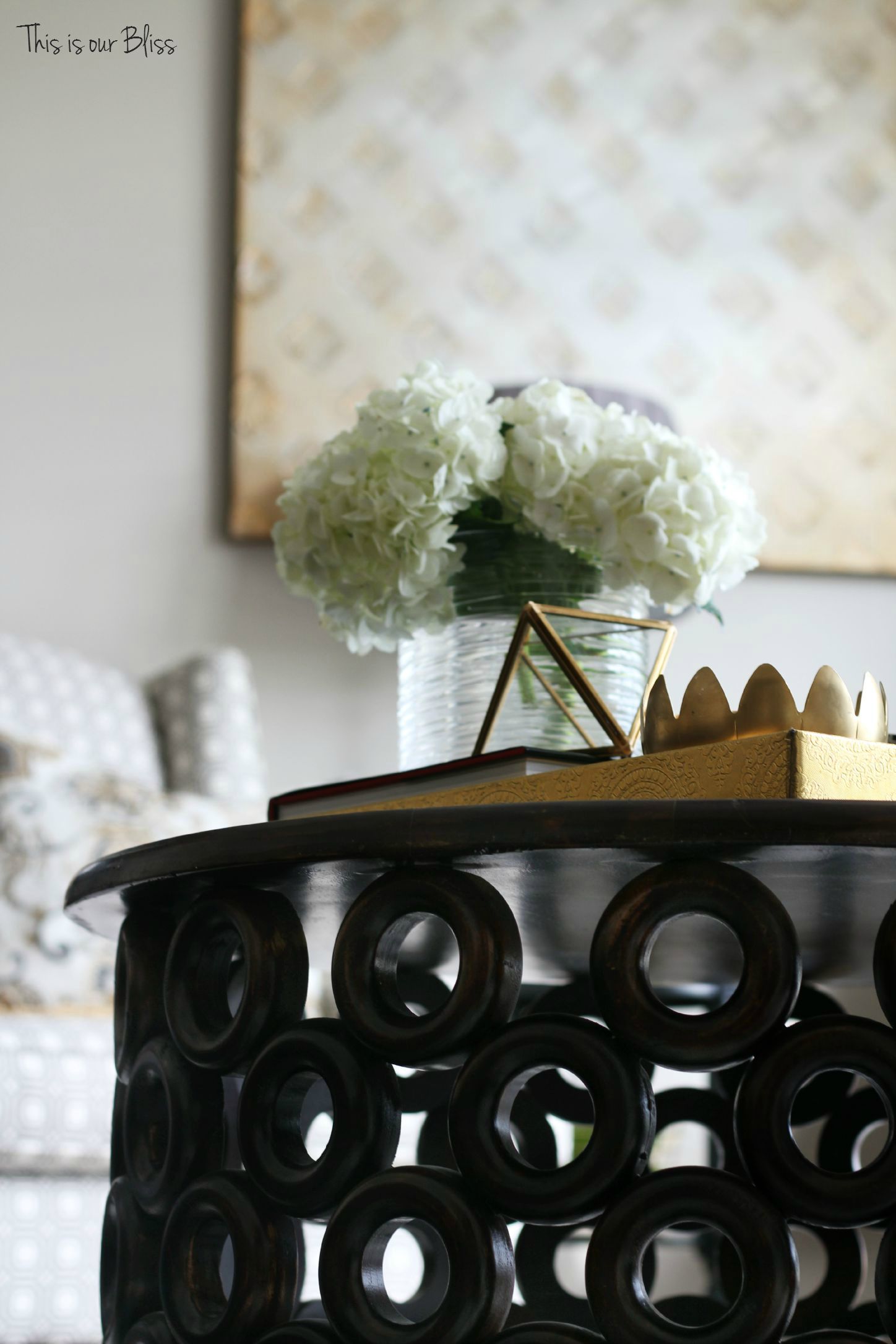 How to style a coffee table - coffee table styling - elements of a well-styled coffee table - coffee table detail - living room chairs - fresh flowers - Back to Basics - This is our Bliss