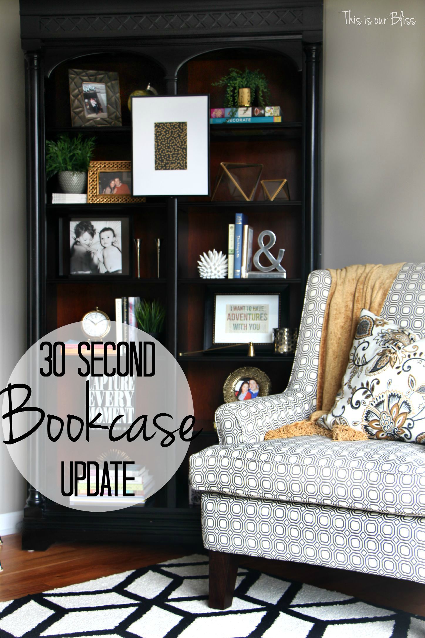 how to update an old bookcase with command hooks - 30 second makeover - formal living room bookcase 1- hanging art on a bookcase - living room chair - bookcase after - This is our bliss