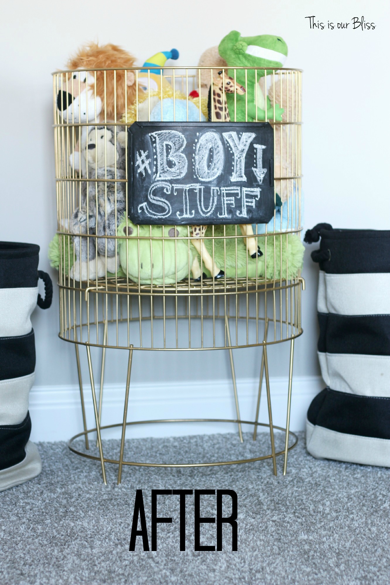 After metal toy bin gold spray paint & chalkboard paint diy toy bin - this is our bliss