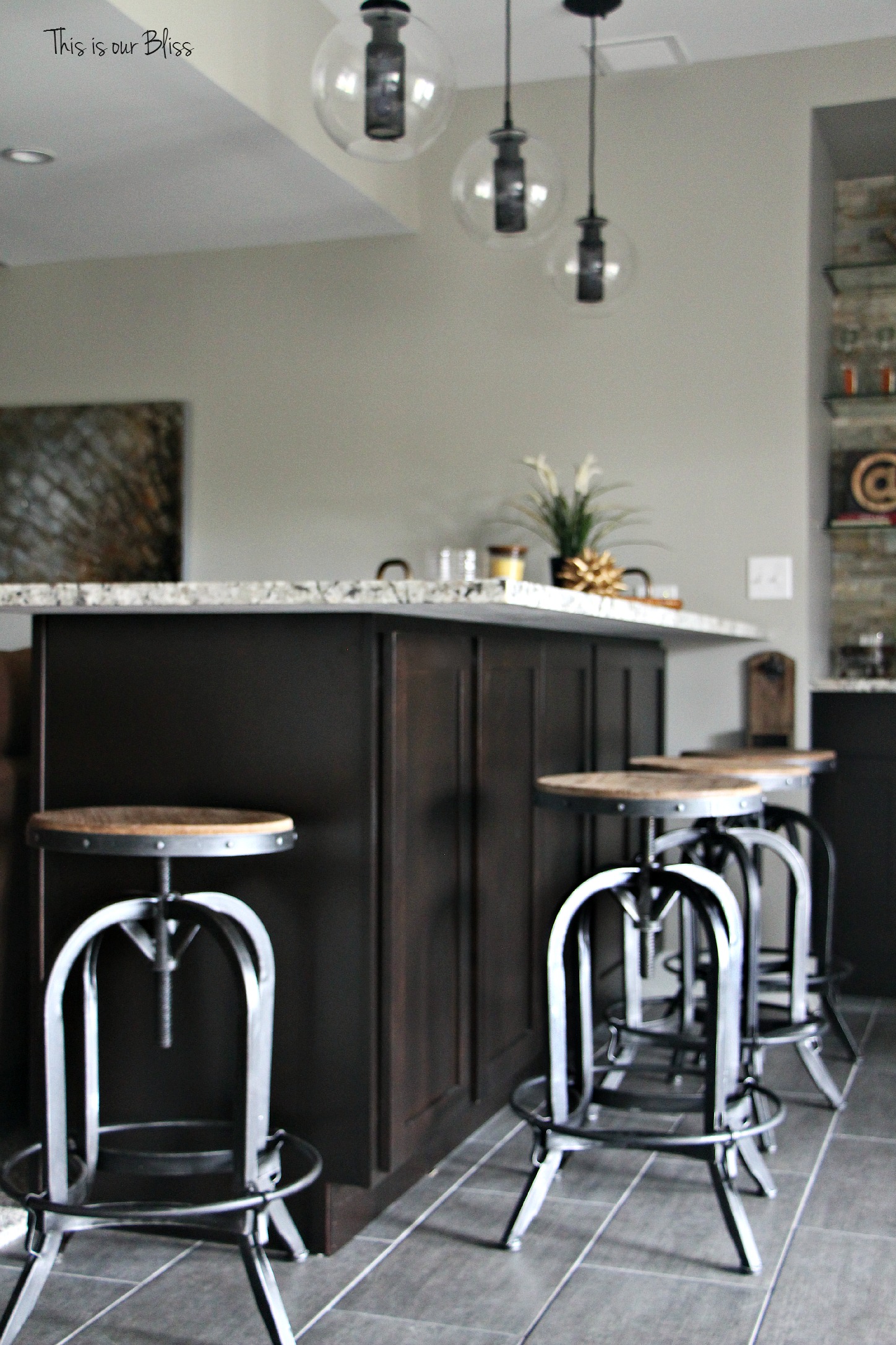 Basement bar industrial barstools modern industrial lights neutral decor baement project progress 1 This is our Bliss