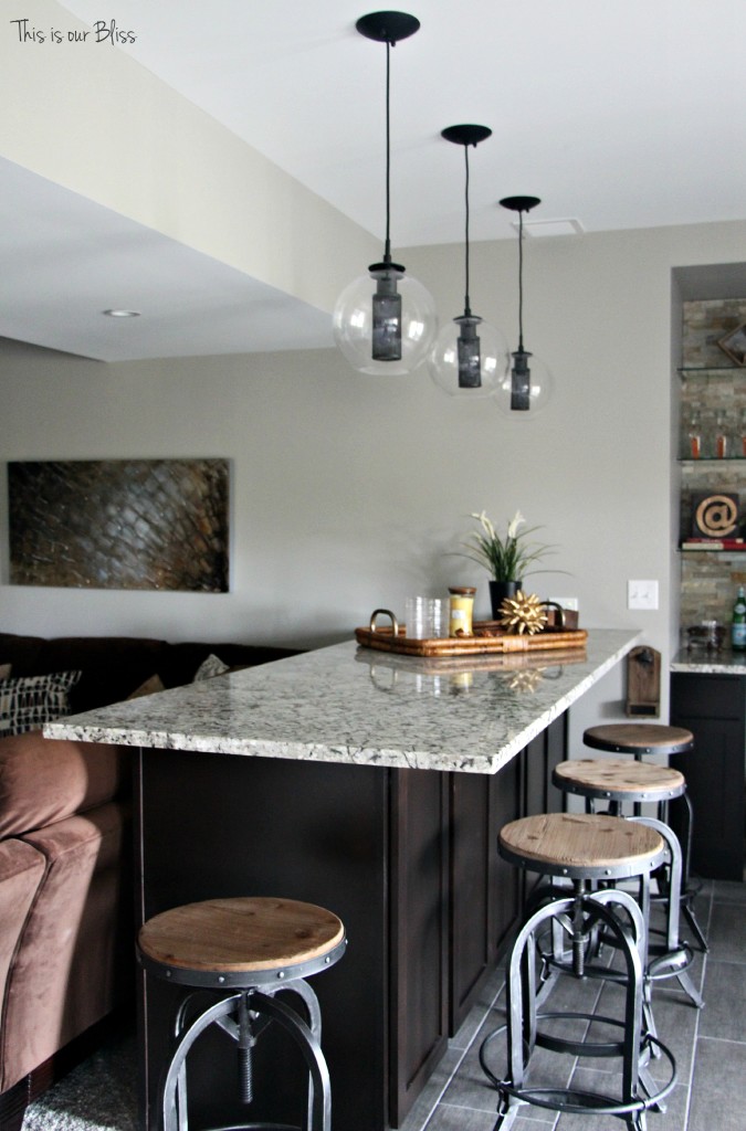 Basement bar industrial barstools modern industrial lights neutral decor baement project progress This is our Bliss
