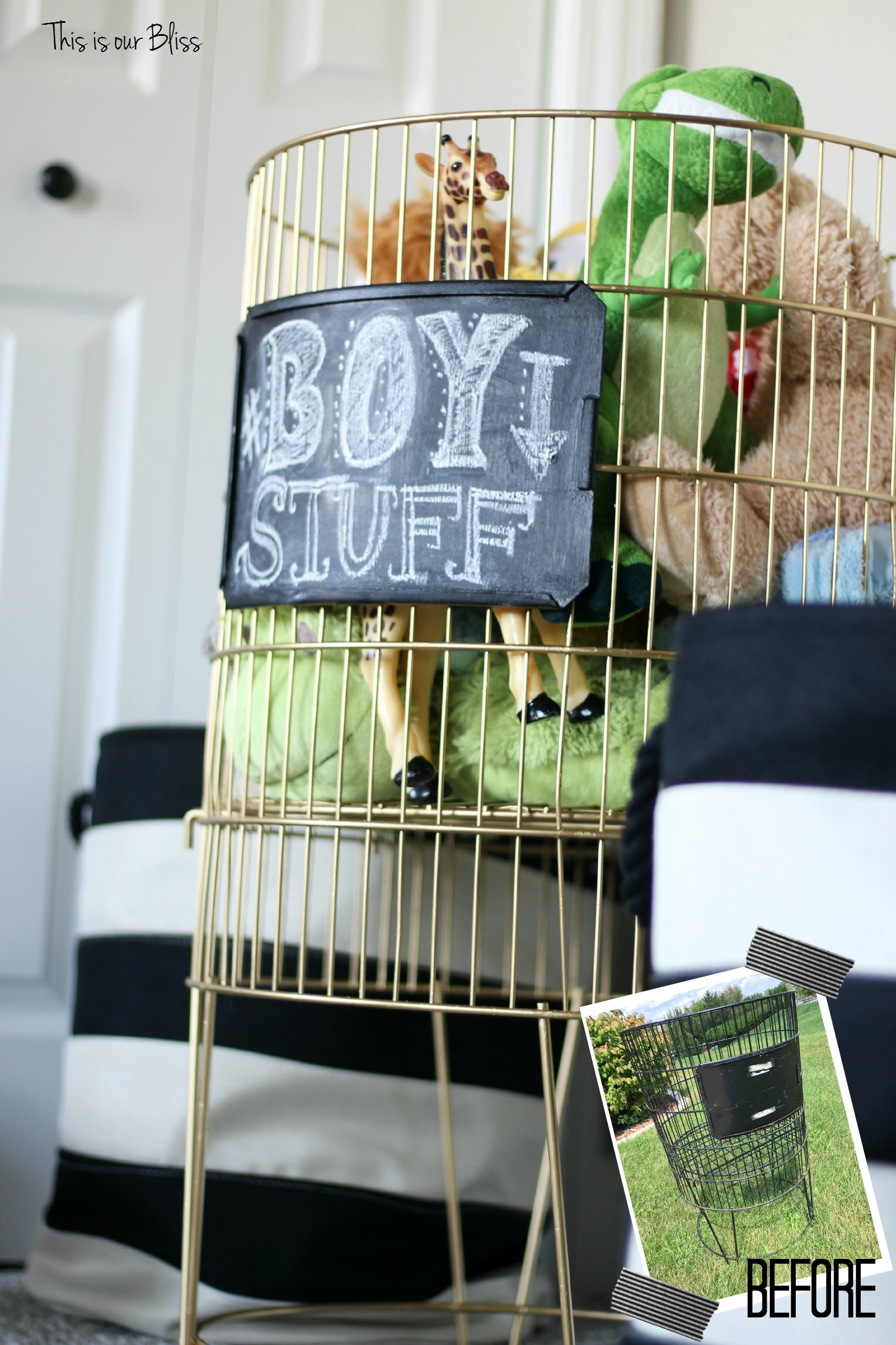 Before & after DIY metal toy bin gold spray paint & chalkboard paint boy stuff playroom striped baskets 2 This is our Bliss