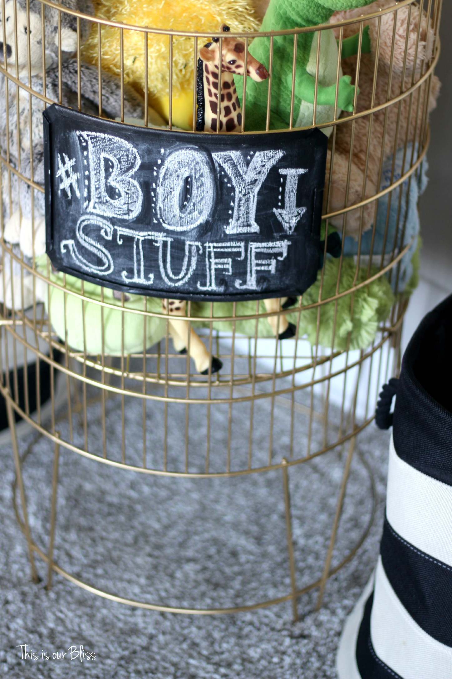 DIY metal toy bin gold spray paint & chalkboard paint boy stuff playroom kid space This is our Bliss