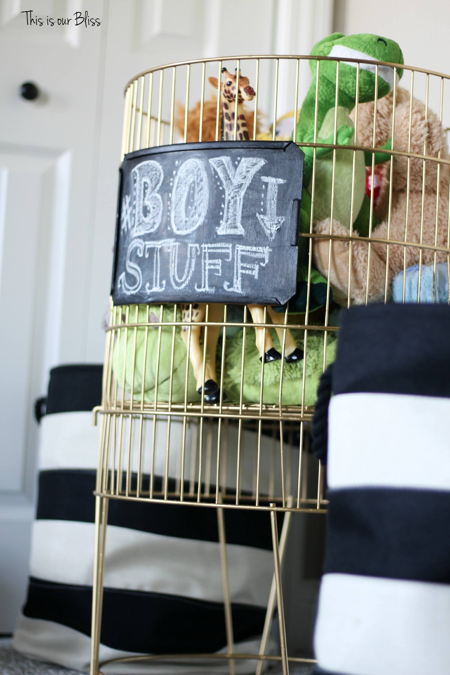 DIY metal toy bin gold spray paint & chalkboard paint boy stuff playroom striped baskets 2 This is our Bliss