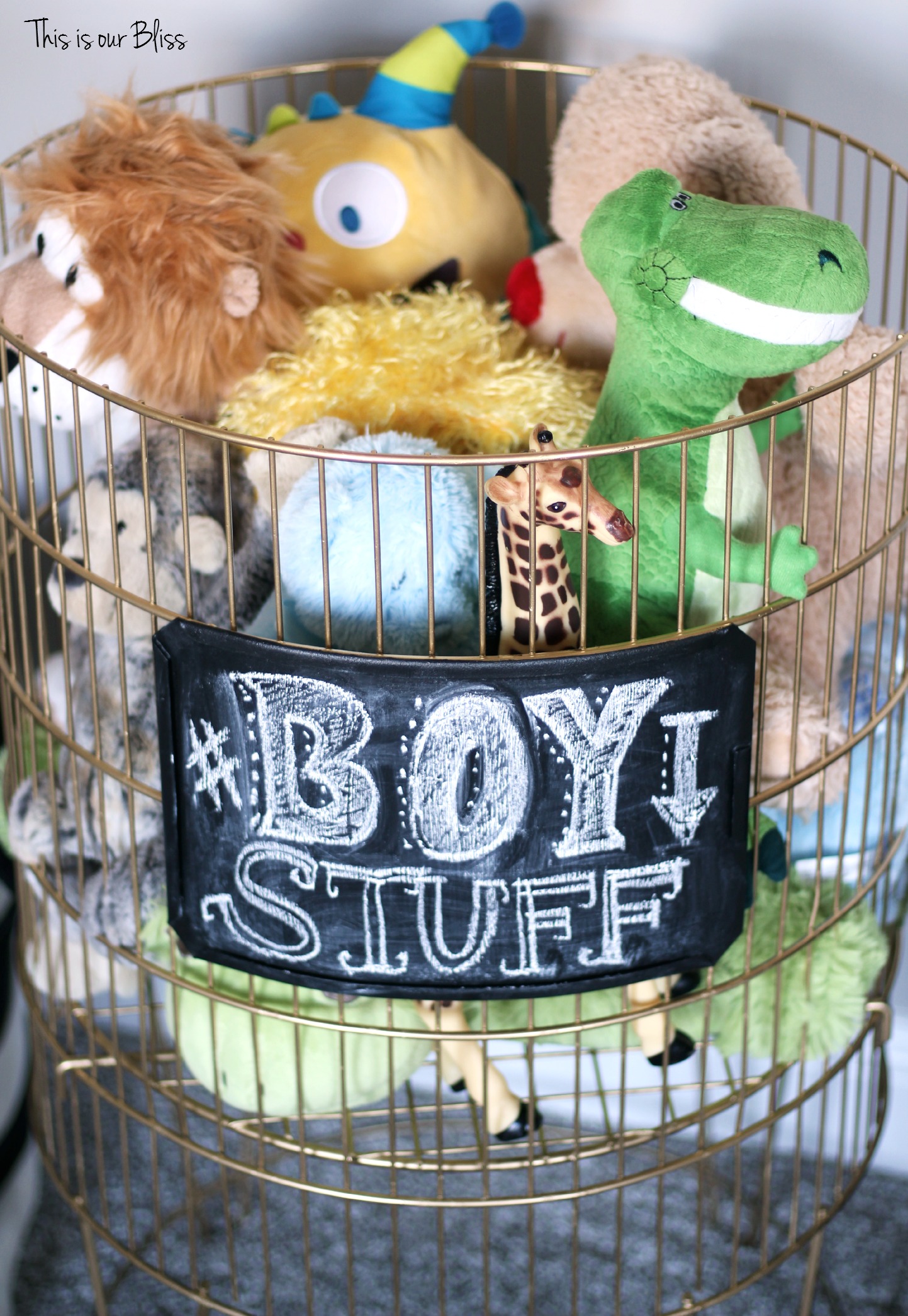 DIY metal toy bin gold spray paint & chalkboard paint boy stuff playroom This is our Bliss