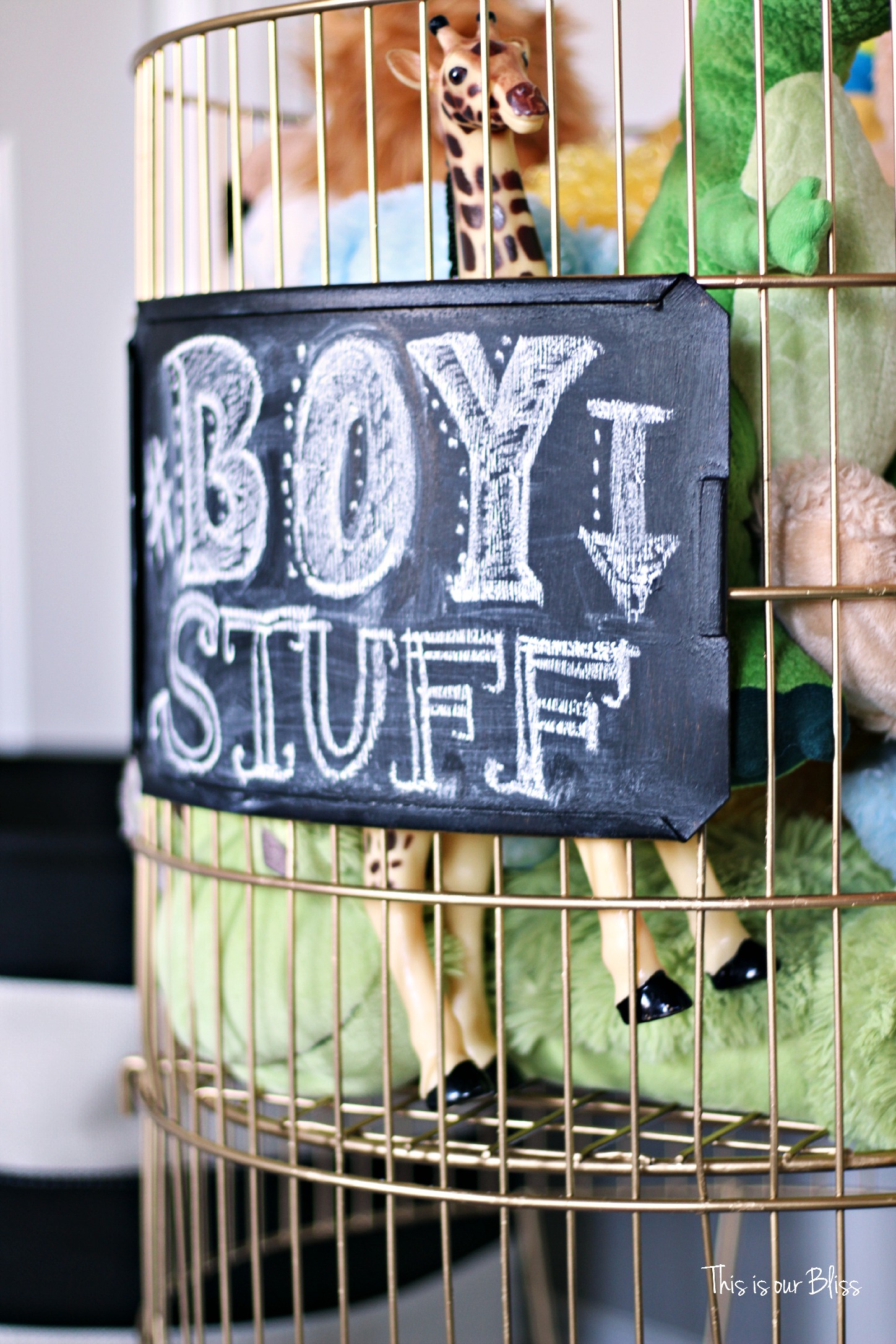 DIY toy bin gold spray paint & chalkboard paint boy stuff playroom This is our Bliss