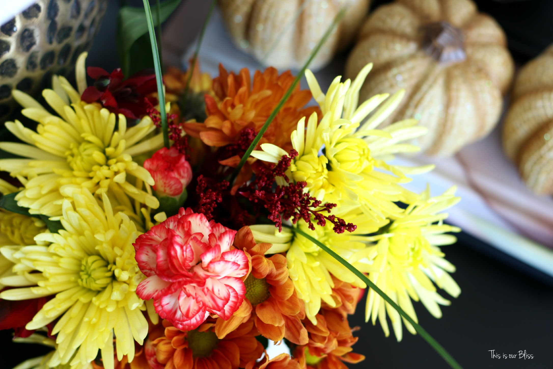 easy fall vignette - simply fall decor - fall flowers - end table styling - fall flowers - this is our Bliss