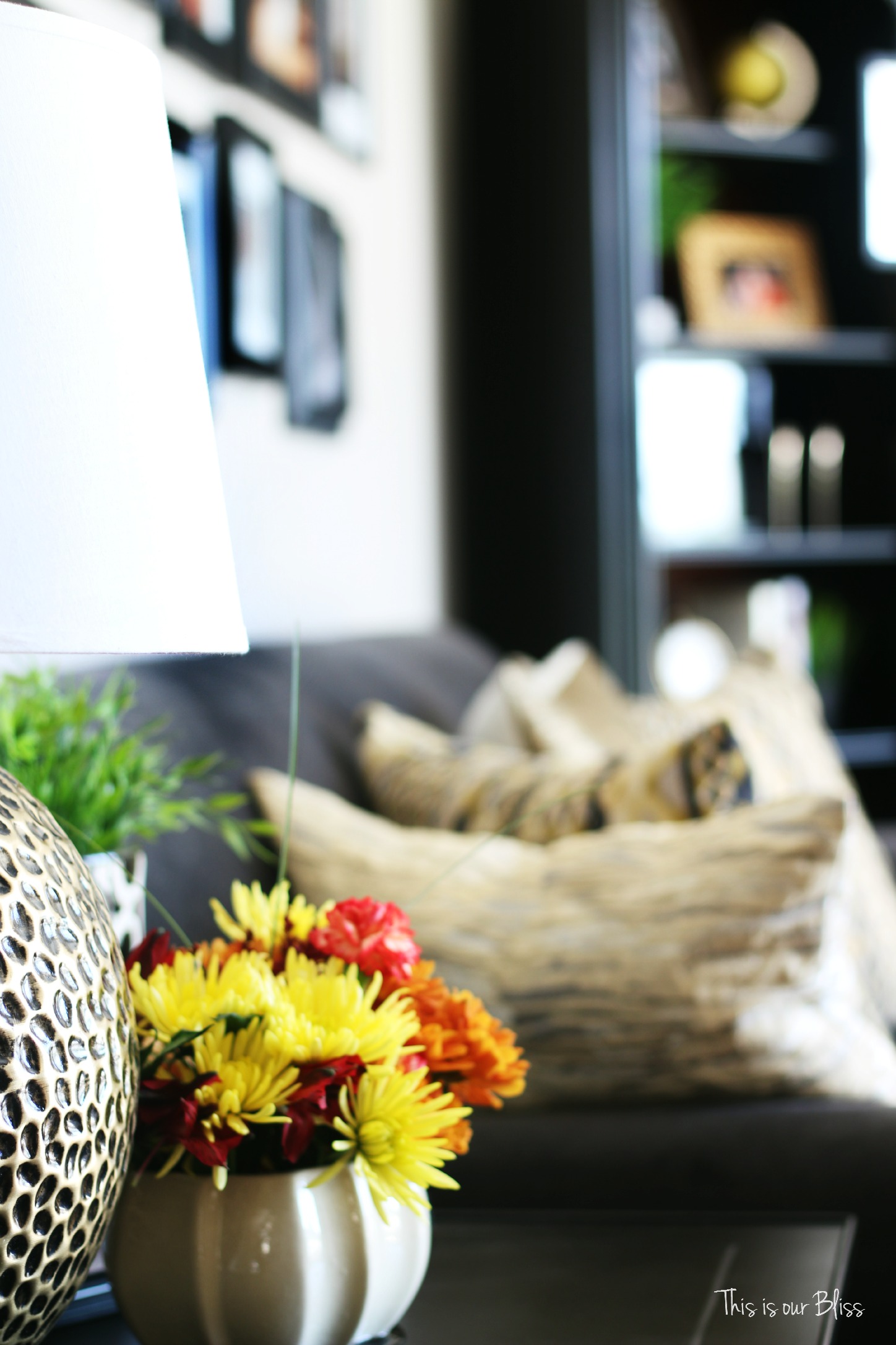 easy fall vignette - simply fall decor - fall flowers - end table styling - gallery wall - this is our Bliss