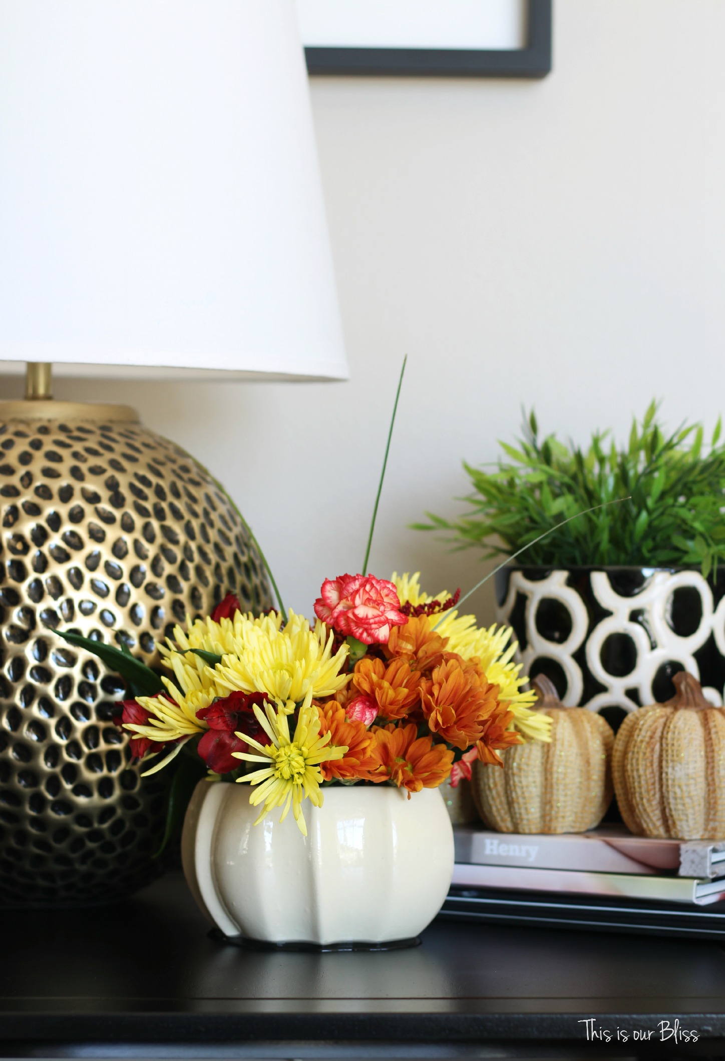 easy fall vignette - simply fall decor - fall flowers - end table styling - this is our Bliss