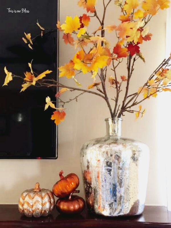 fall mantel leaves - mini pumpkins - This is our Bliss