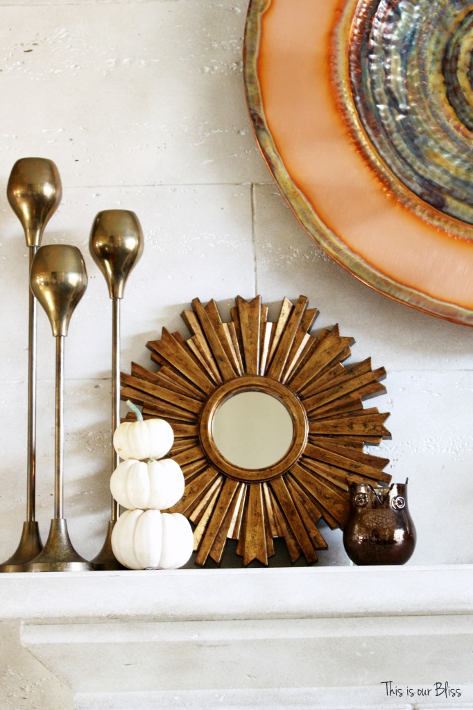 fall mantle - mantle styling - copper gold - mini pumpkins - gold sunburst - fall vignette - brass candlesticks - fall vignette - This is our Bliss