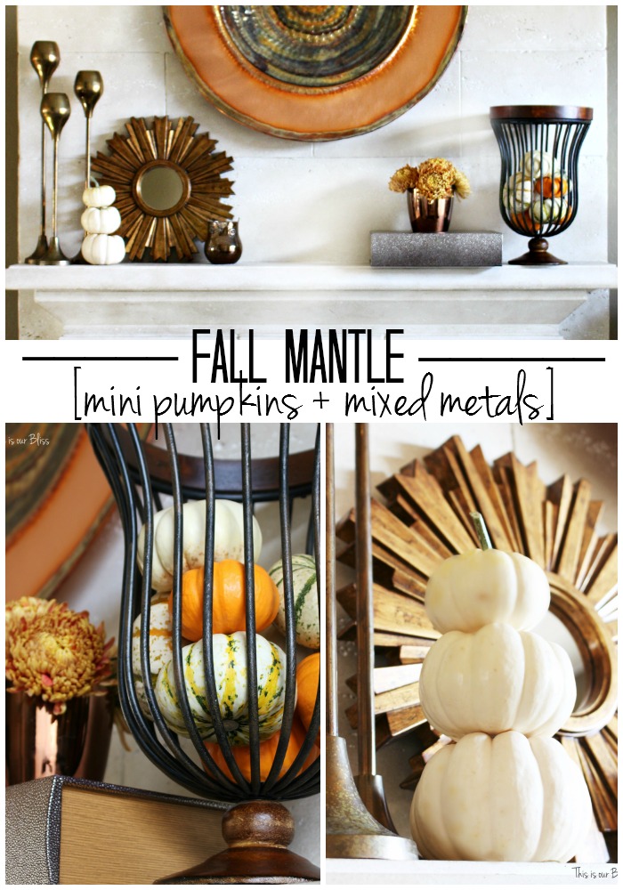fall mantel mini pumpkins + mixed metals mantle styling - copper gold - mini pumpkins - rose gold vase - spider mums - fall vignette - fall vignette - This is our Bliss