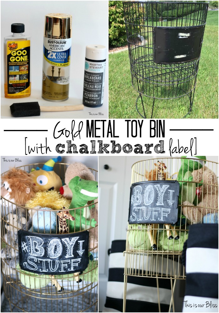 gold metal toy bin with chalkboard label diy toy storage thrifted find This is our Bliss