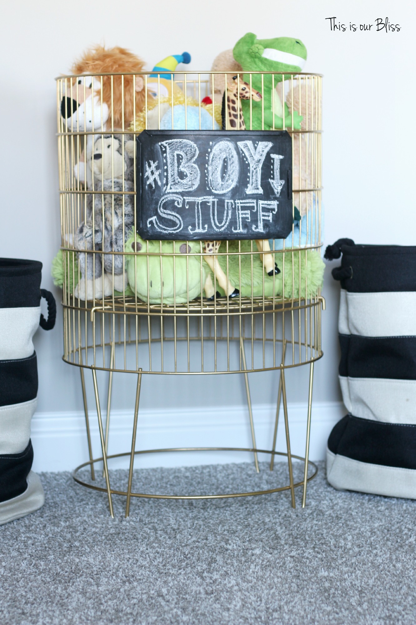 Gold Metal Toy Bin + chalkboard label  Basement playroom accessories -  This is our Bliss