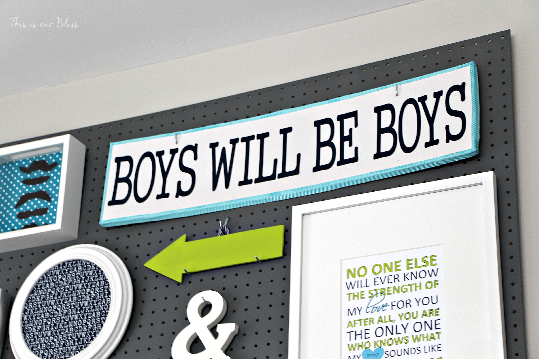 Little boy nursery pegboard gallery wall - DIY nursery decor - navy green & gray - This is our Bliss 2