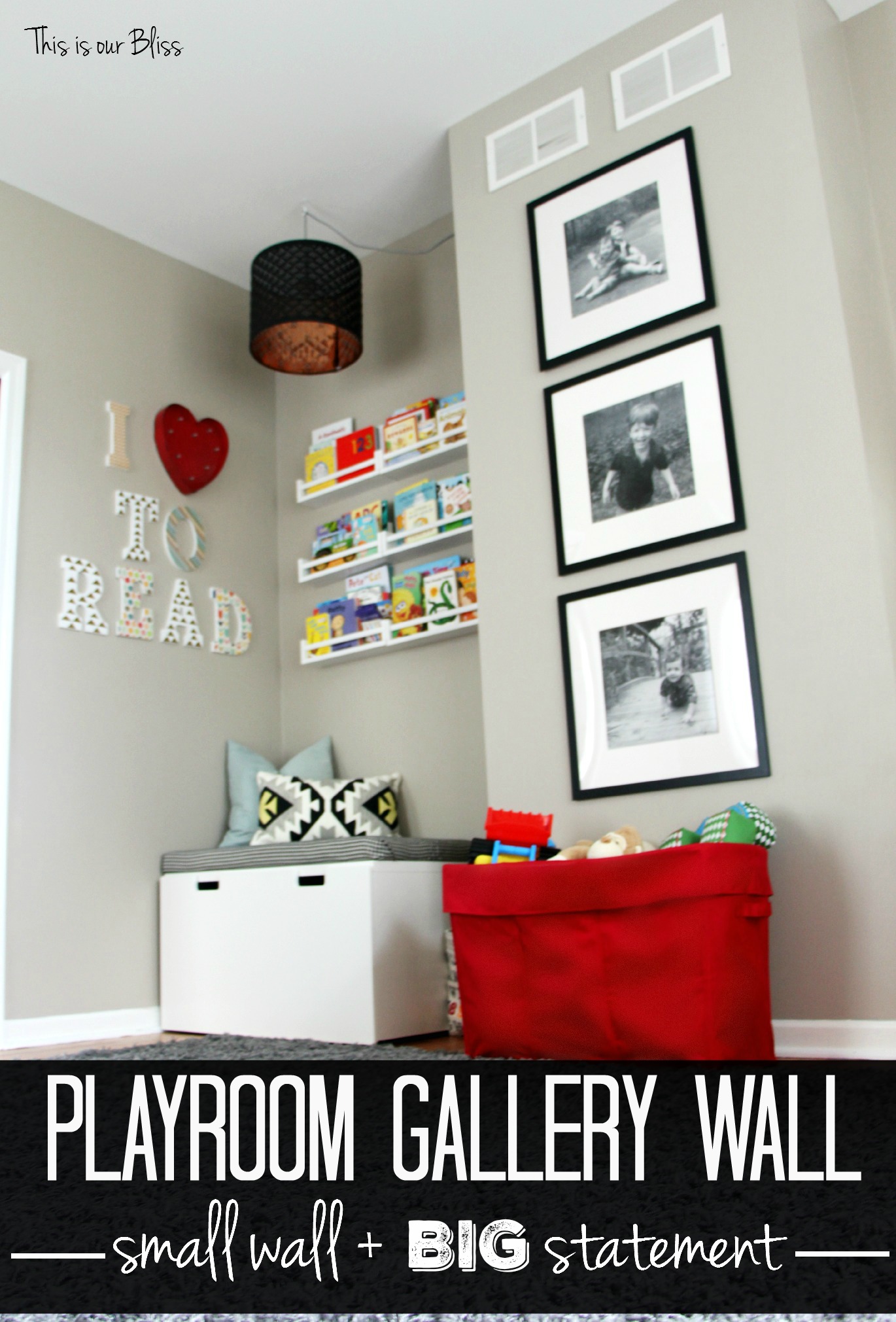 playroom gallery wall Playroom reading nook playroom gallery wall 3 black frames mini playroom picture wall This is our Bliss