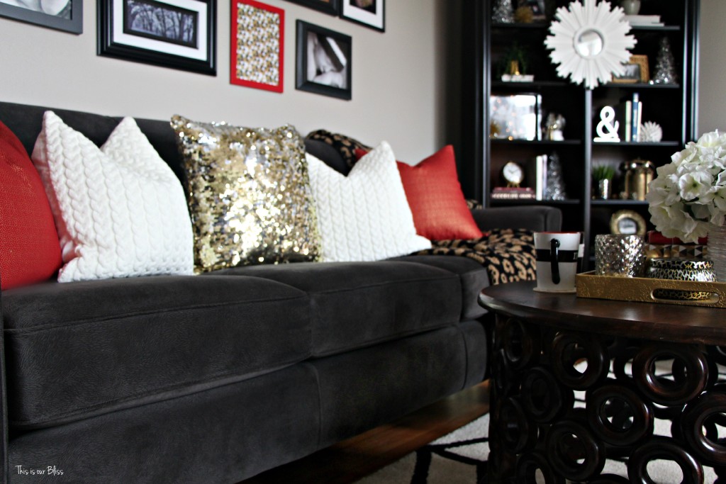 12 days of christmas tour of homes - formal living room couch with holiday pillows - christmas decor - This is our Bliss