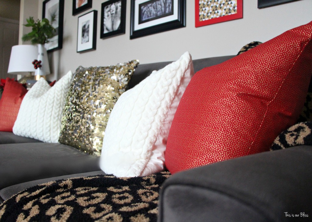 12 days of christmas tour of homes - formal living room couch with holiday pillows - diy pillow - christmas decor - This is our Bliss