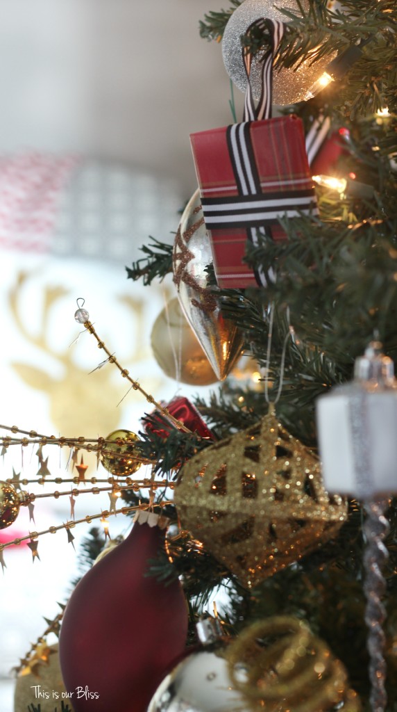My Home Style Christmas Tree edition - bold neutral glam - stripes, plaid, gold - gold sequin picks - thisisourbliss.com