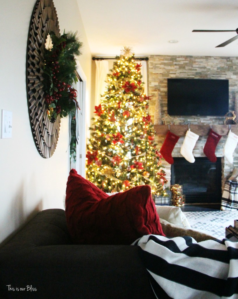 family room tree - 12 days of christmas tour of homes - blogger holiday tour - stockings on mantle - stacked stone fireplace - This is our Bliss