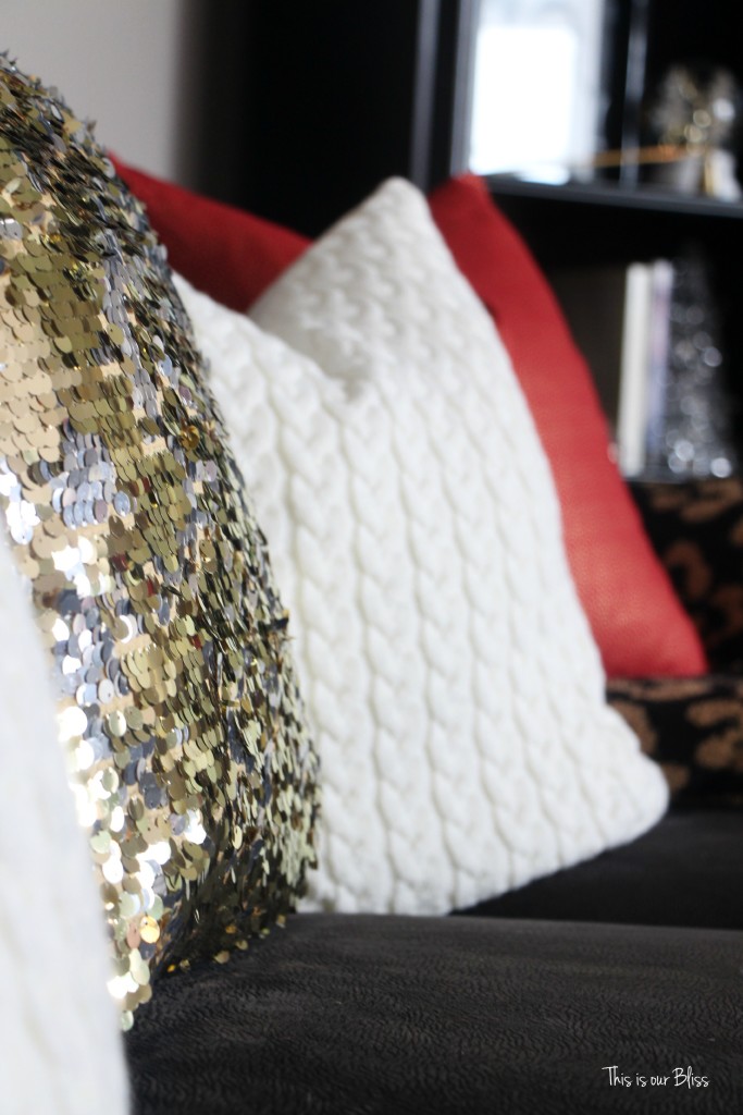 formal living room christmas decor - gold sequin pillow - This is our Bliss