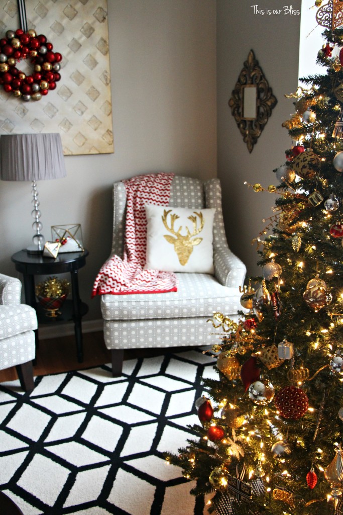 formal living room christmas decor - living room tree - black and white - This is our Bliss