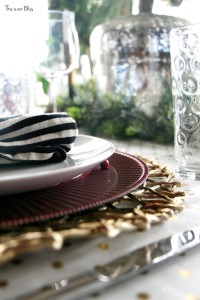 gold polka dot table cloth - red ruffle charger plate - black and ivory striped napkin merry bright and blissful holiday home christmas table - thisisourbliss.com.jpg