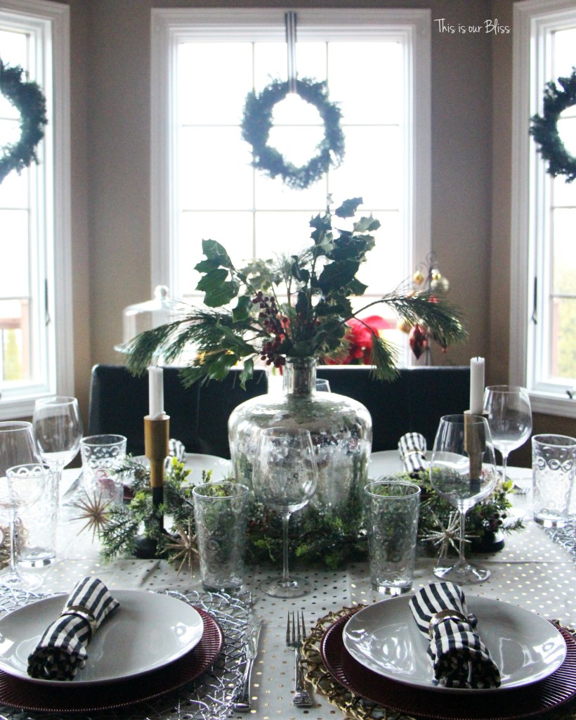 holiday tablesetting - christmas table - trimmings - centerpiece - black and white stripes- This is our Bliss