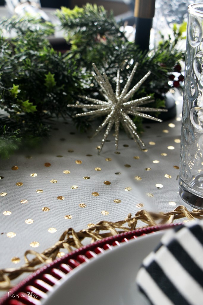 holiday tablesetting - christmas table - trimmings - centerpiece - stripes gold polka dots -This is our Bliss