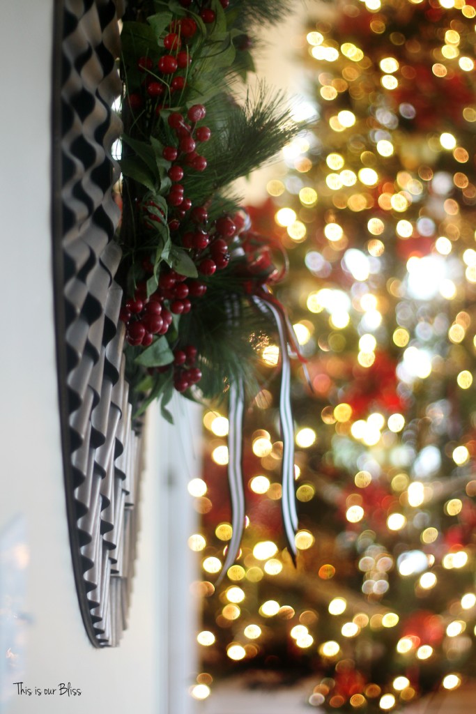 merry bright and blissful holiday home - family room tree and wreath - thisisourbliss.com