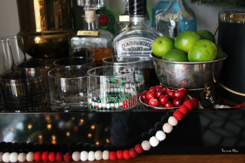 merry bright and blissful holiday home - holiday bar car - bar accessories - garland - making spirits bright - thisisourbliss.com
