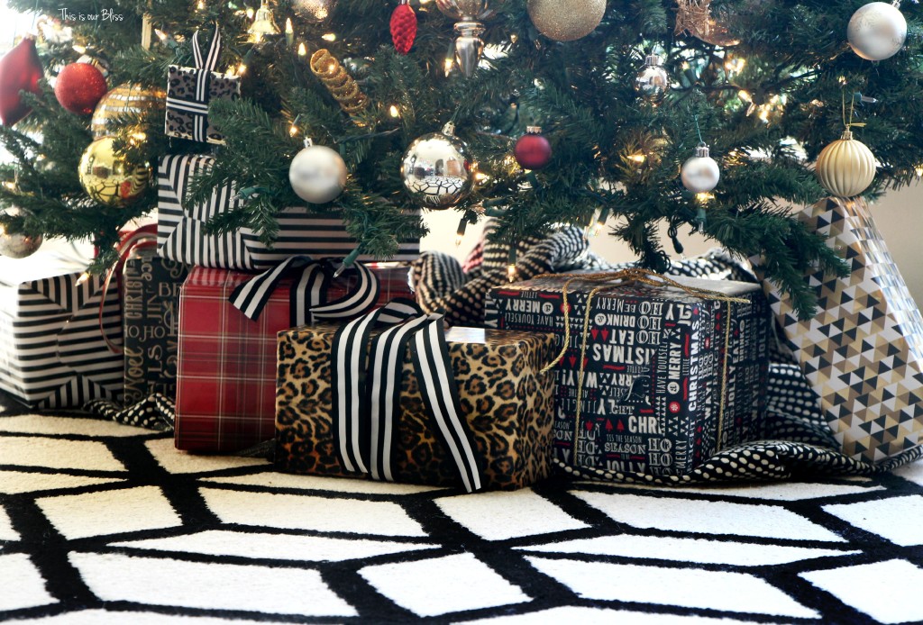 my home style christmas tree edition - bold neutral glam - black white gold red christmas tree - thisisourbliss.com