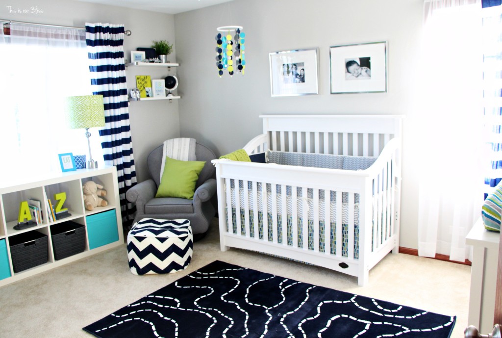 Simon's bright and bold nursery - baby boy nursery - little boy navy lime green and gray room - thisisourbliss.com