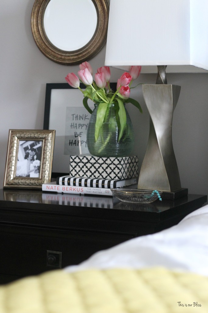 new year, new room refresh challenge - Master bedroom refresh - gold decor - how to style a nightstand - bedside table & fresh flowers - This is our Bliss - www.thisisourbliss.com