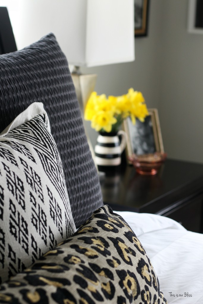 new year, new room refresh challenge - Master bedroom refresh - gold decor - how to style a nightstand -pattern play pillows - This is our Bliss - www.thisisourbliss.com